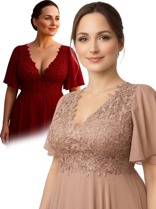 Abendkleid mit Spitzenbesatz und Flatterärmeln, Größe 4XL/6XL