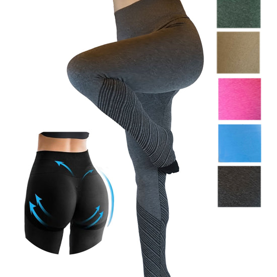 Damen Leggins nahtlos, Yoga-Hose, Fitnesshose mit hoher Taille, Push Up und  Design Streifen von Moveworld