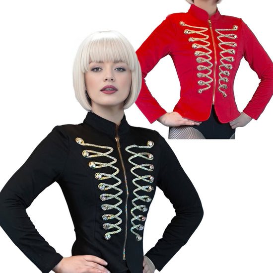 Damen Uniformjacke, Zirkus Jacke mit Posamenten in Gold, in den Farben Rot und Schwarz von Moveworld