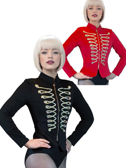 Damen Uniformjacke, Zirkus Jacke mit Posamenten in Gold, in den Farben Rot und Schwarz von Moveworld