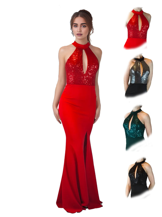 Abendkleid mit Halterneck und Pailettenbesatz, Größe S/M