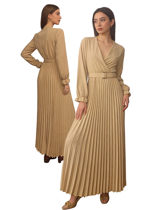 Plisseekleid mit langen Ärmeln und V-Ausschnitt, Größe S