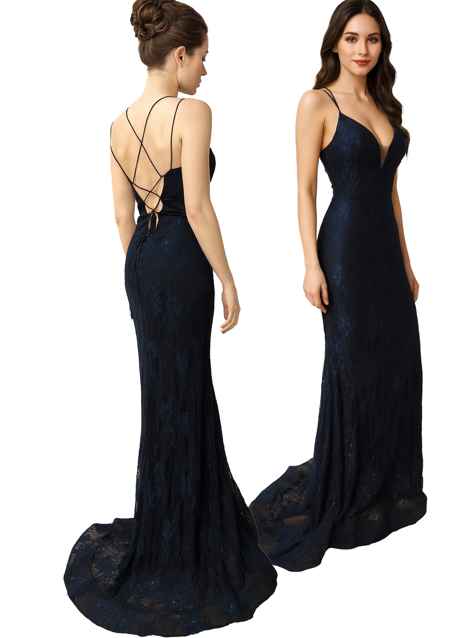 Bodenlanges Abendkleid aus Spitze mit Spaghettiträgern, Schnürung und Schleppe. Moveworld