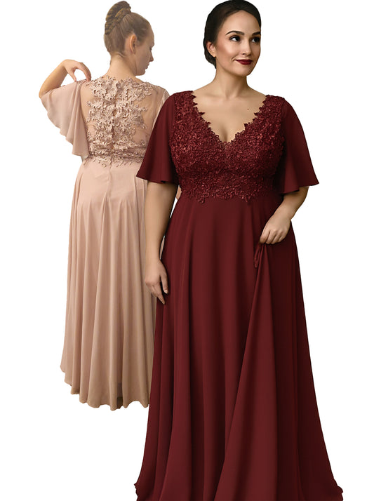 Abendkleid mit Spitzenbesatz und Flatterärmeln, Größe 4XL/6XL